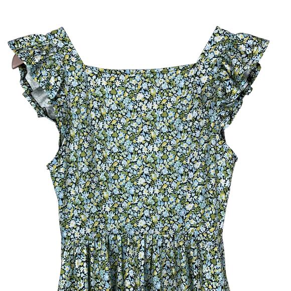 Loemes Dress Blue Green Floral Sundress Flutter Sleeves Pockets Boho Women's S - Picture 7 of 8